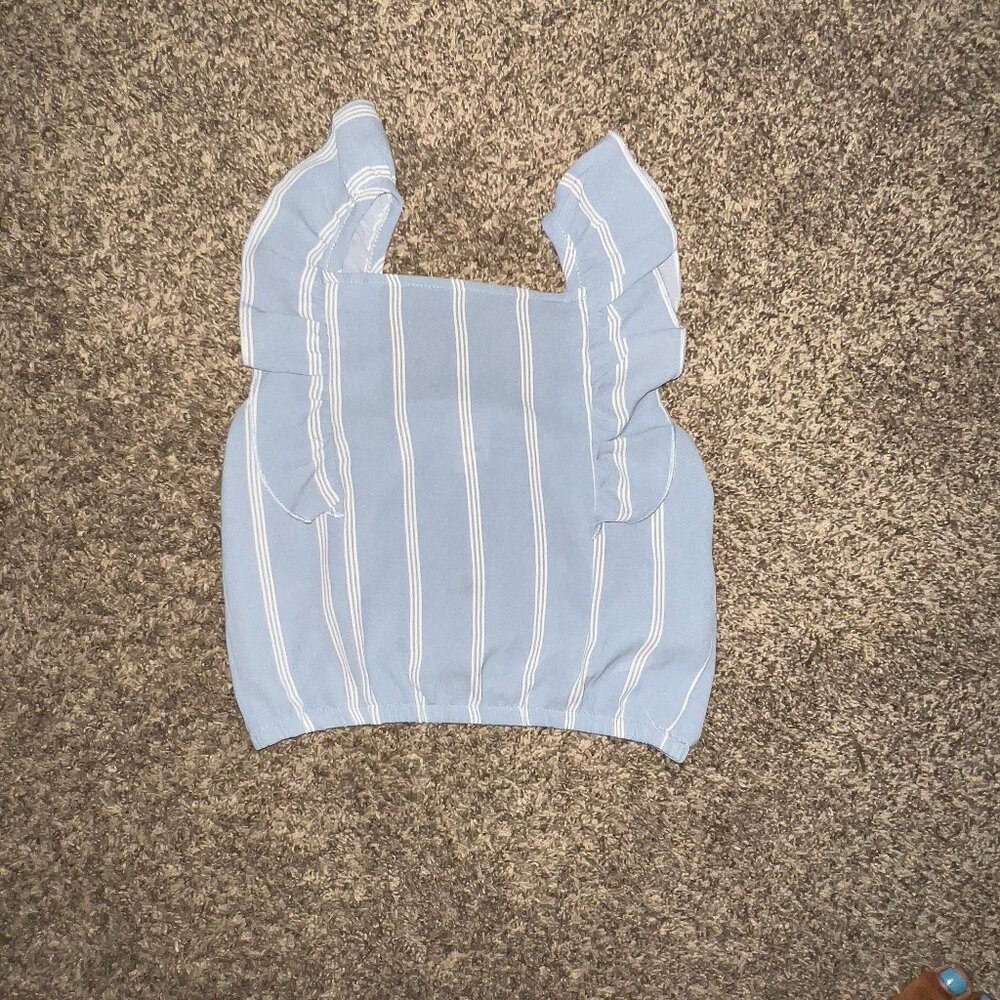 Heart and Arrow Girls Blue White Stripe Ruffle Sleeve Crop Top Size 10/12 P2P 13
